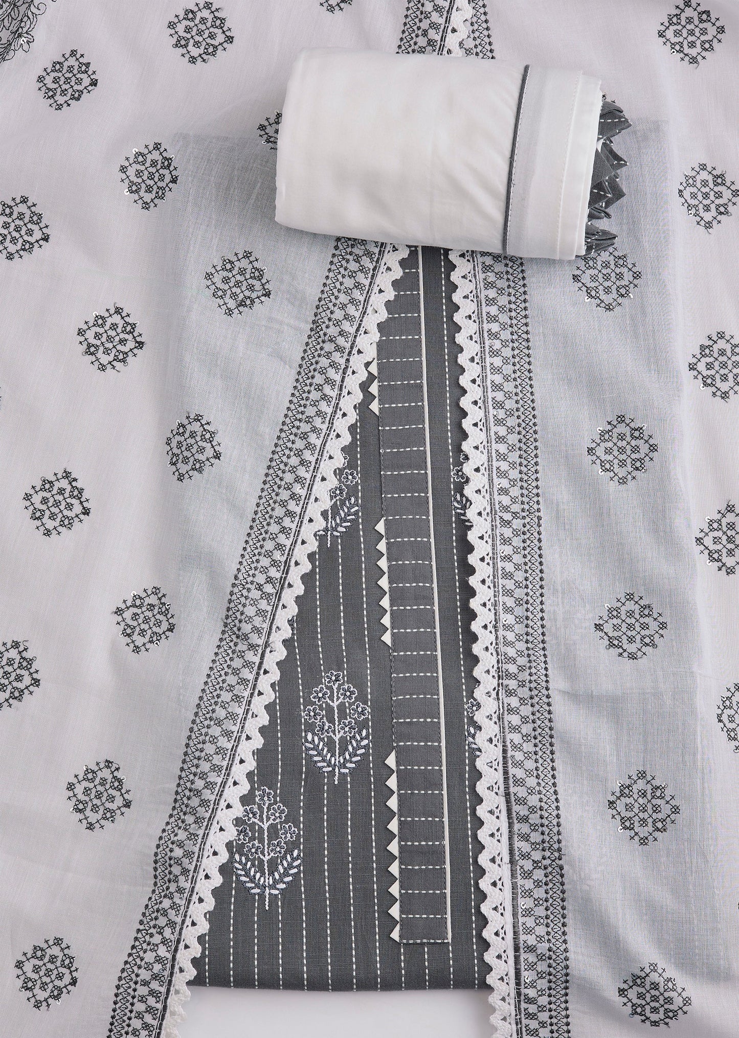 Grey Cotton Embroidered Unstitched Suit Set And Dupatta