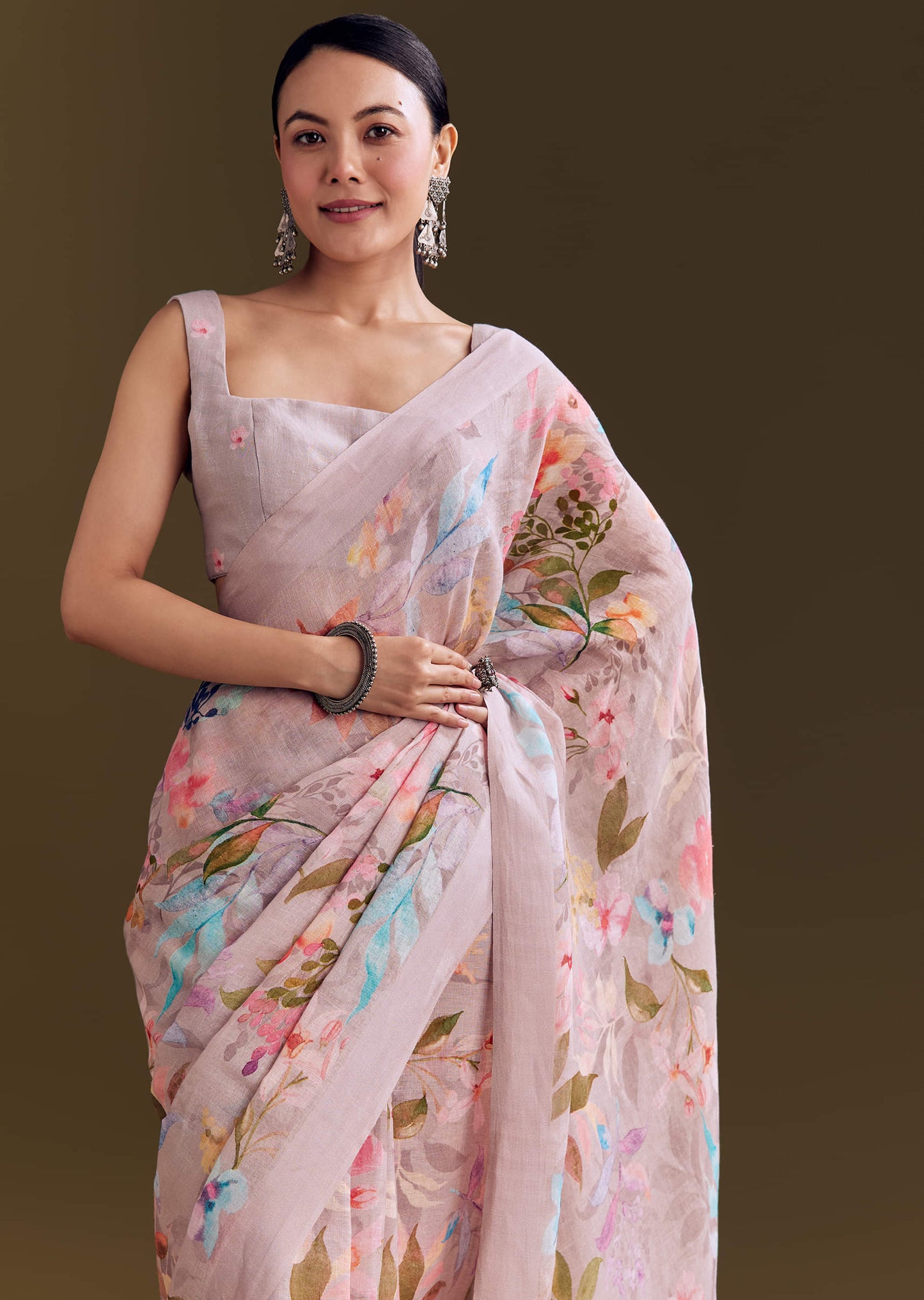 Grey Cotton Linen Saree With Pastel Blooms