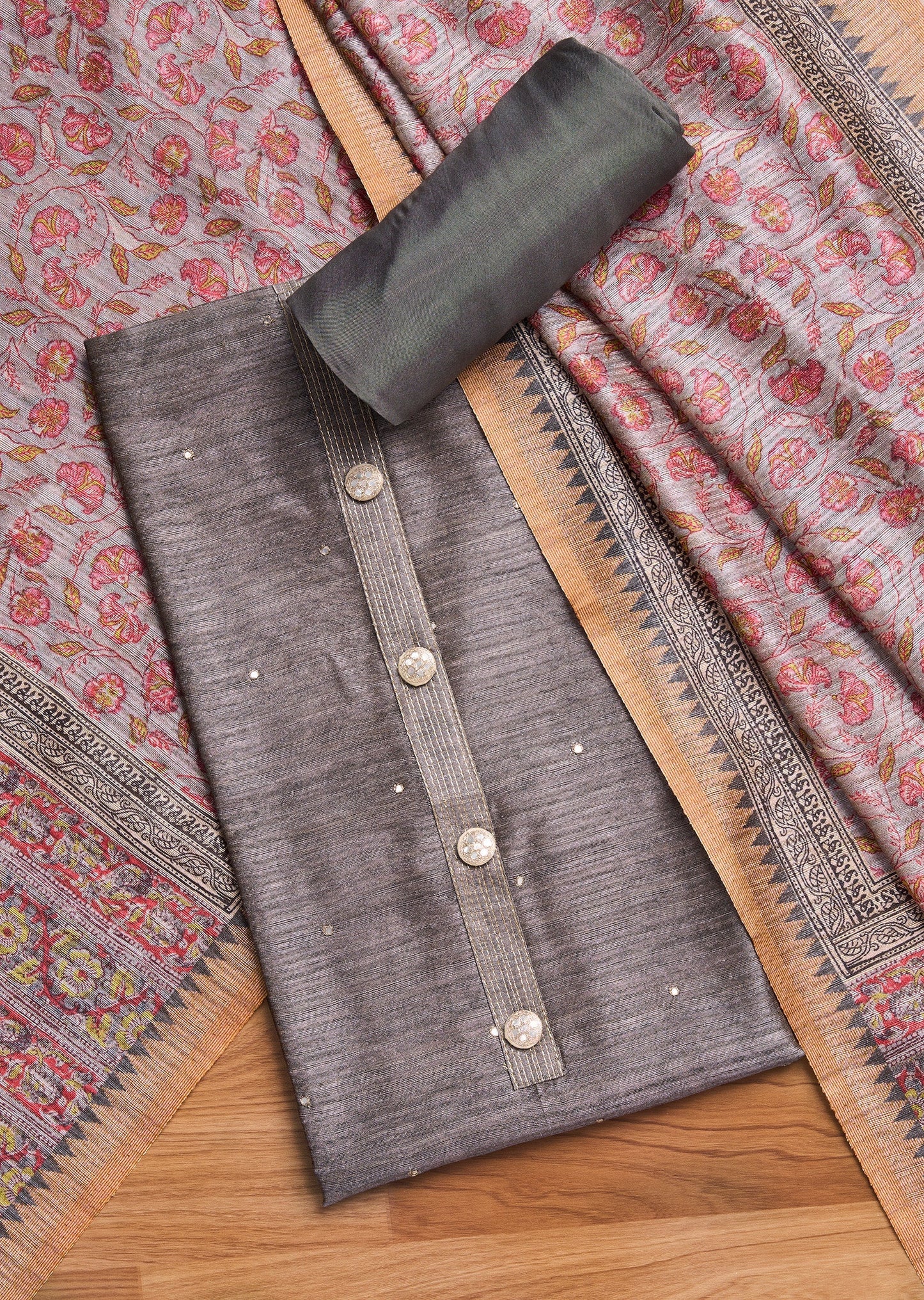 Grey Dola Silk Unstitched Suit Set