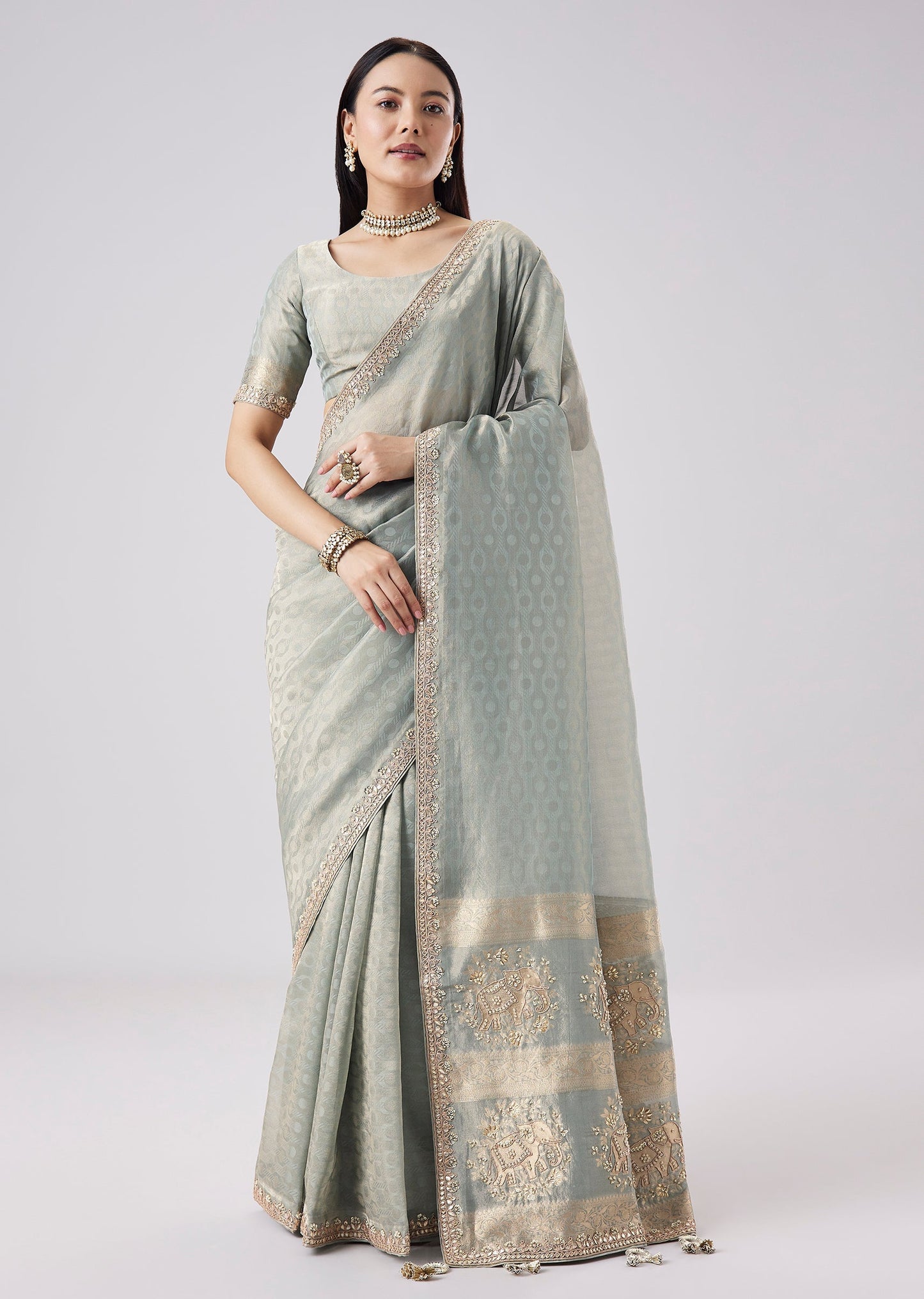 Grey Embroidered Motif Tassel Saree With Unstitched Blouse