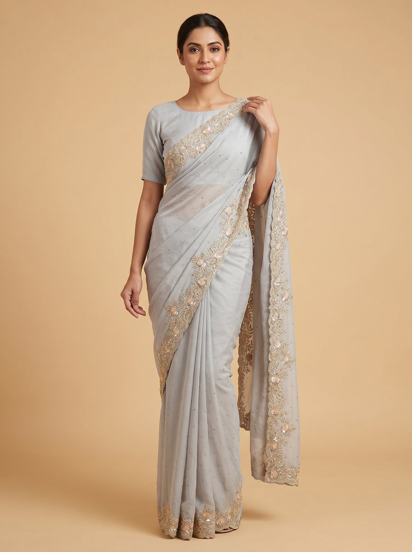 Grey Embroidery Scallop Border Saree