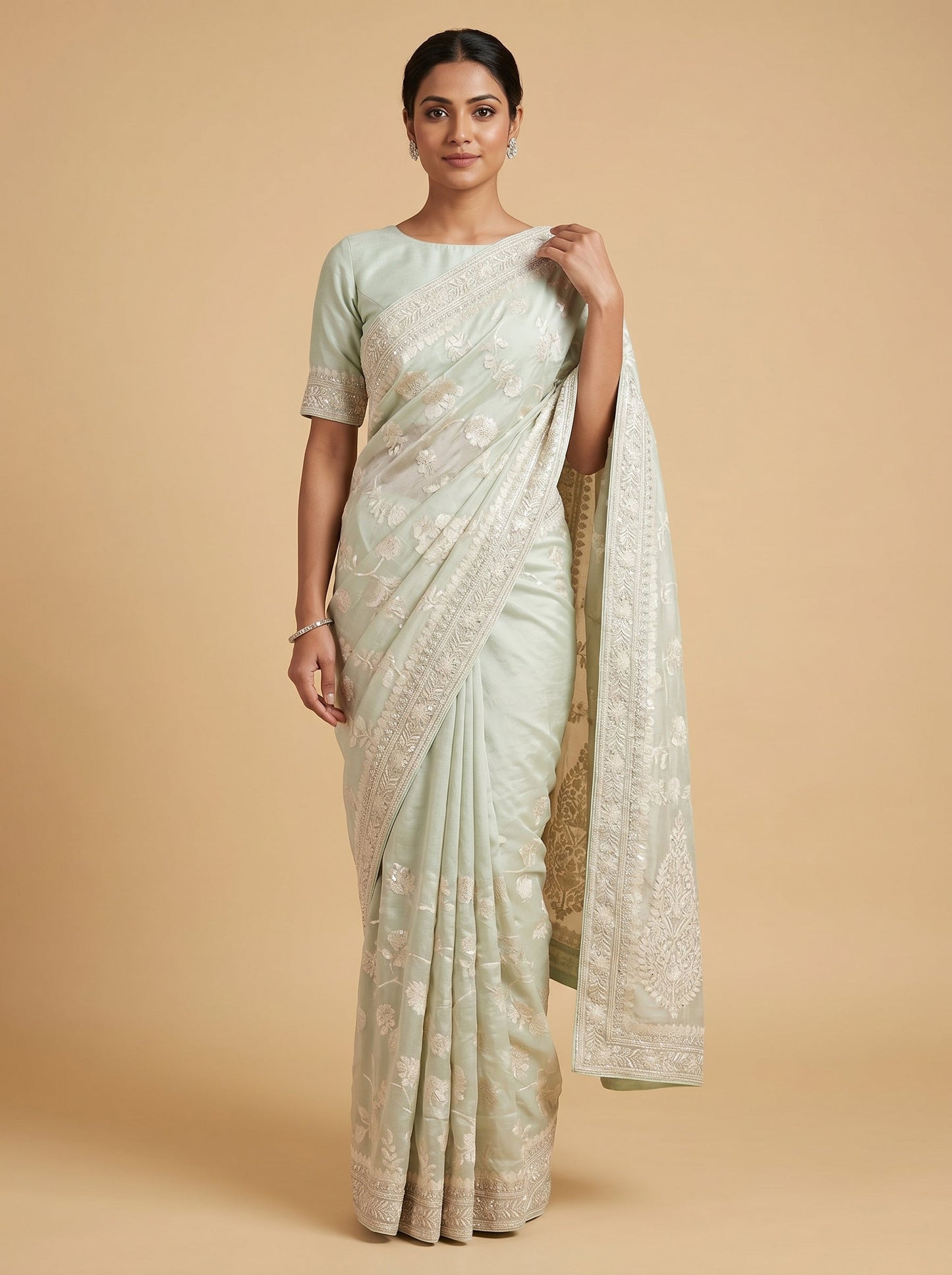 Grey Firozi Fusion Embroidered Saree