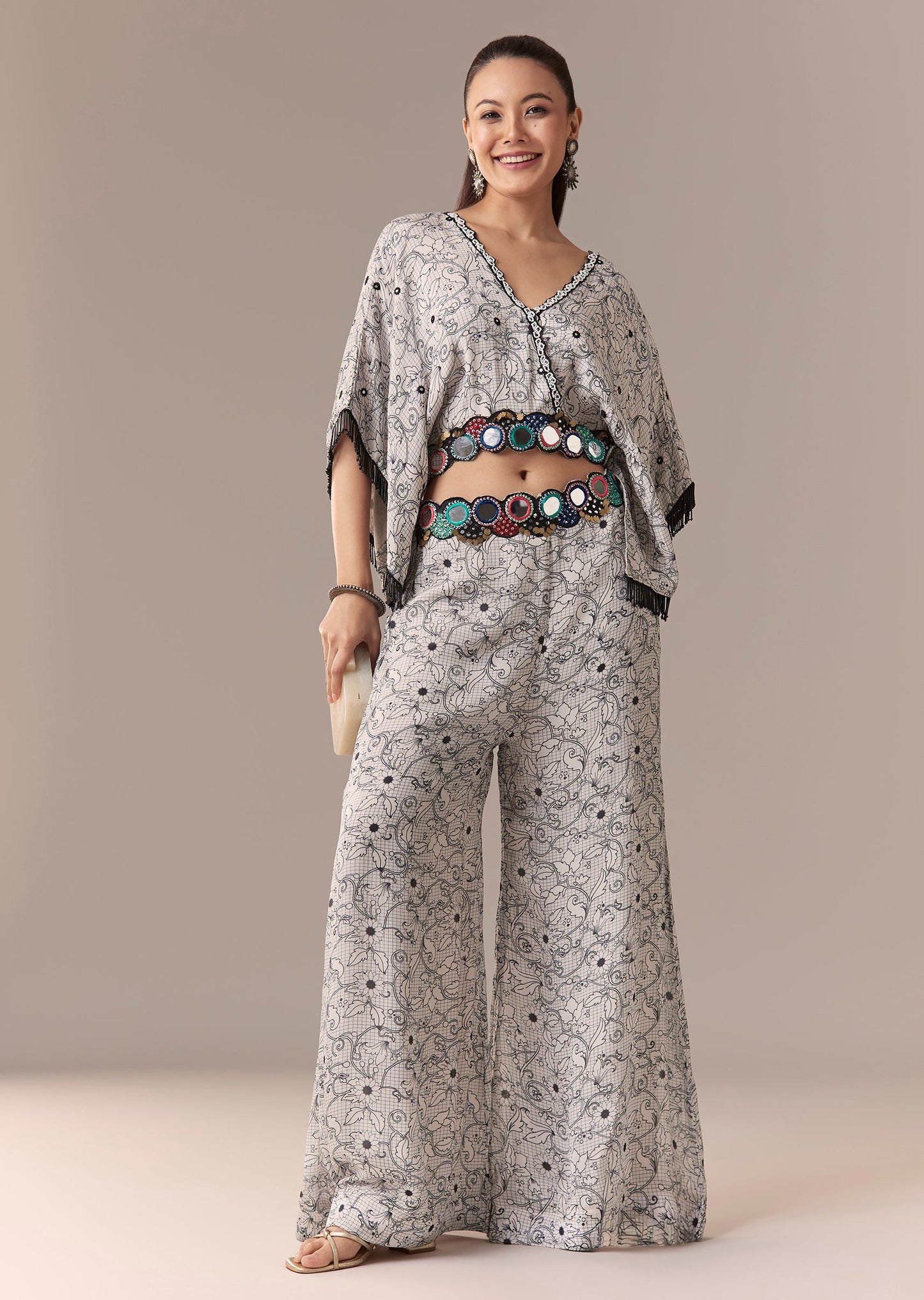 Grey Floral Mirror Work Crop Top Set With Palazzo