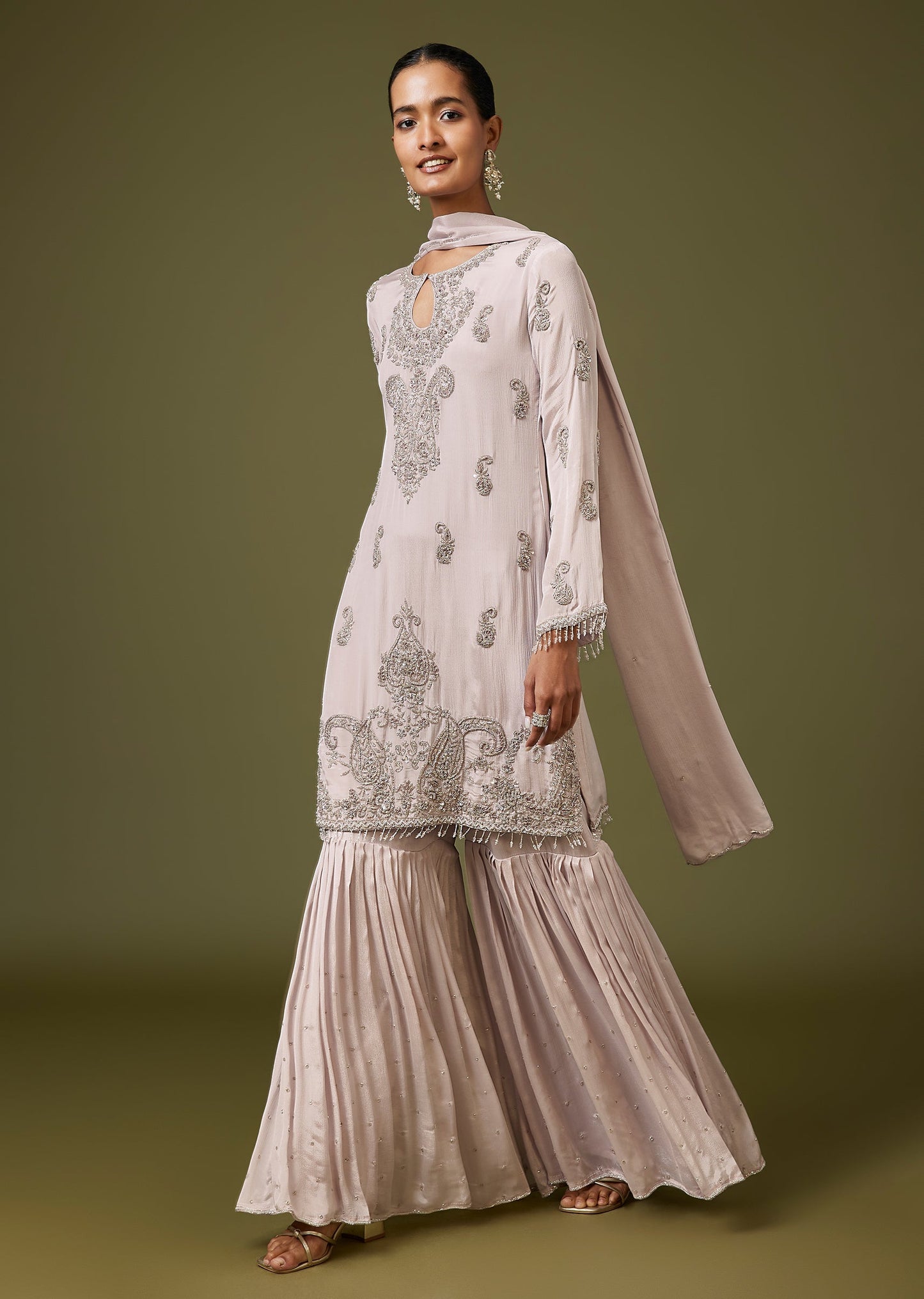 Grey French Knot Beaded Sharara Suit With Dupatta