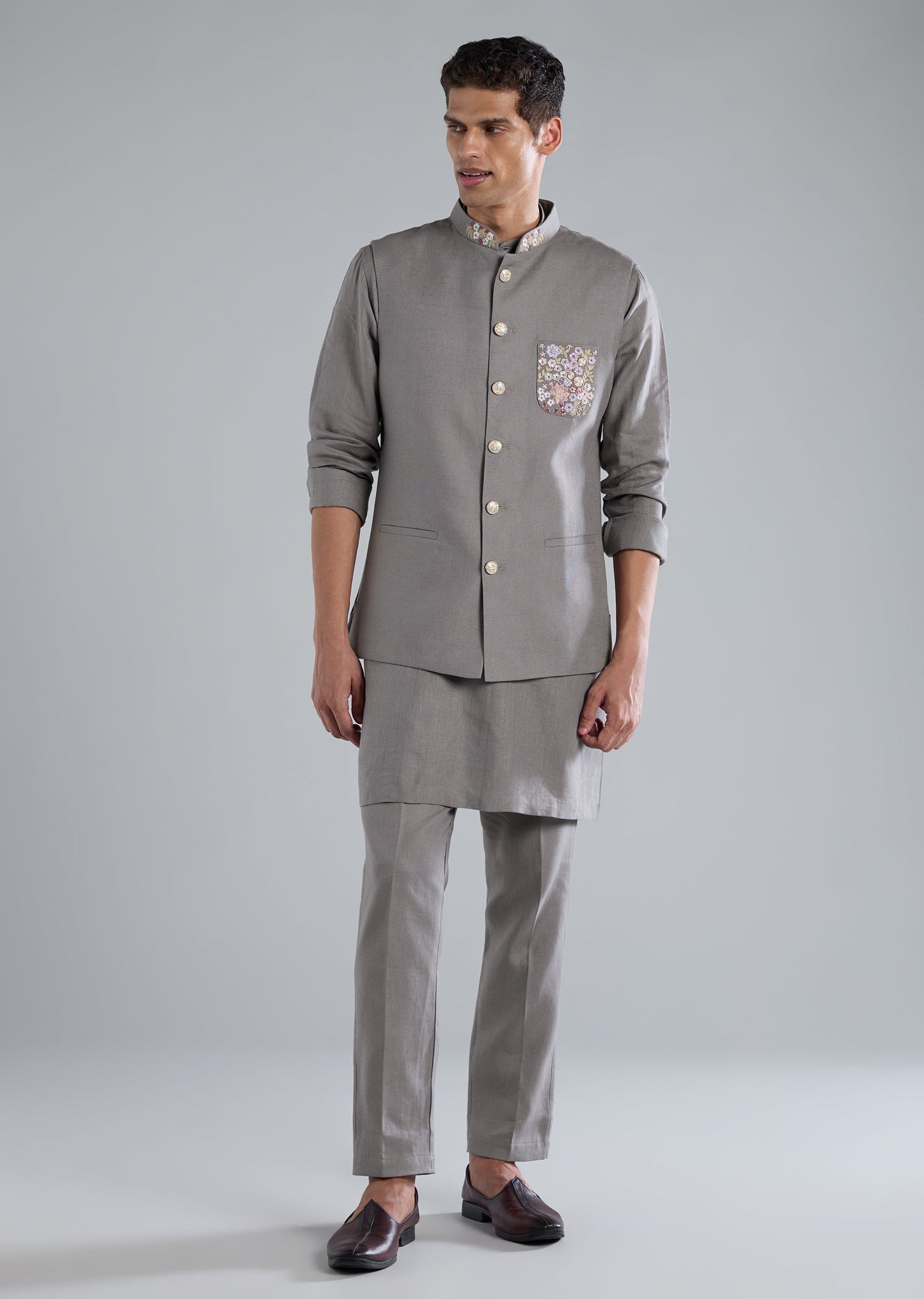 Grey Kurta Jacket Set With Thread Resham Work