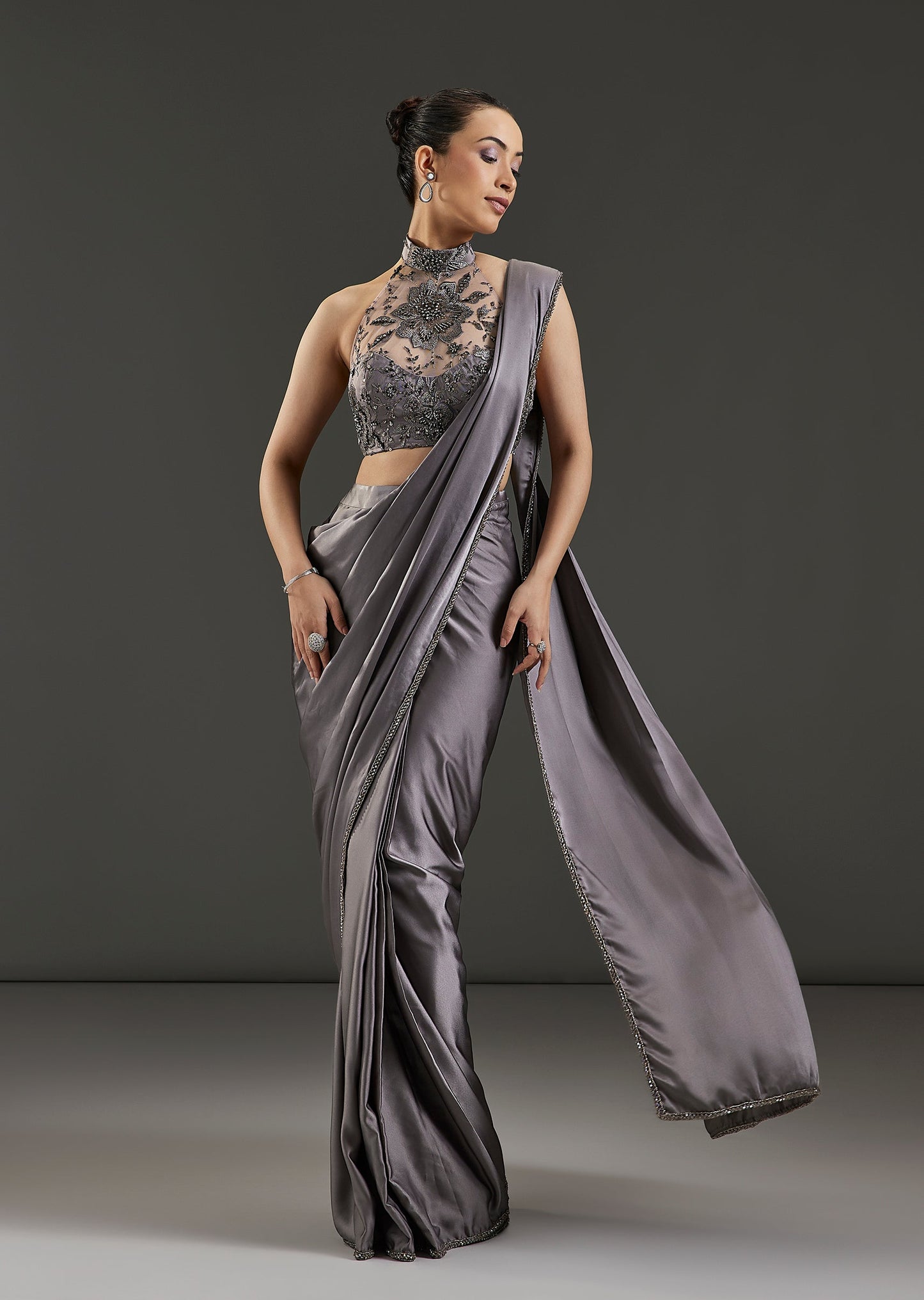 Grey Milano Ready Pleated Saree And Embellished High Neck Blouse