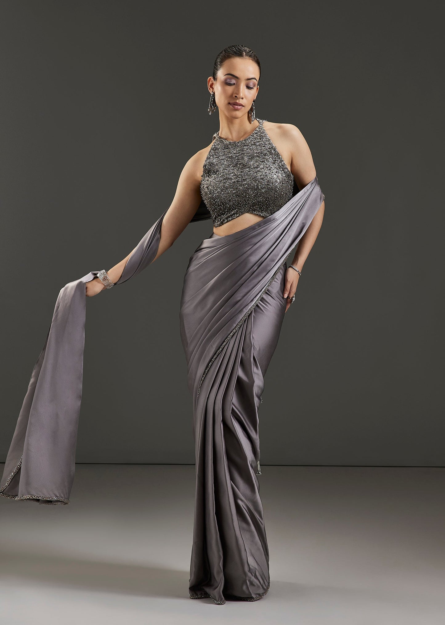 Grey Milano Ready Pleated Saree With Embellished High Neck Blouse