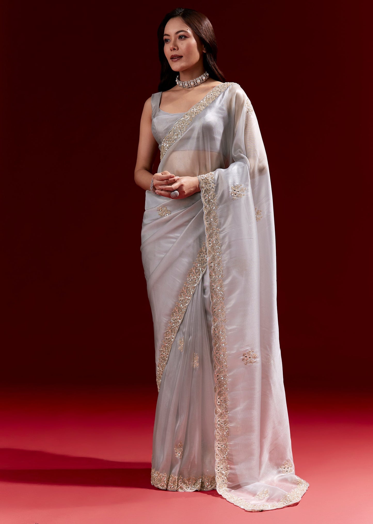 Grey Net Saree With Scalloped Cutdana Embroidered Border