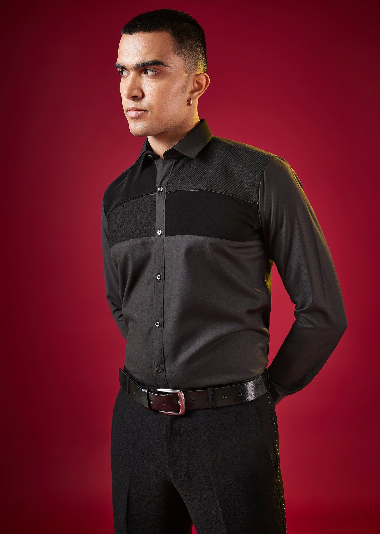 Grey Patchwork Embellished Mens Shirt