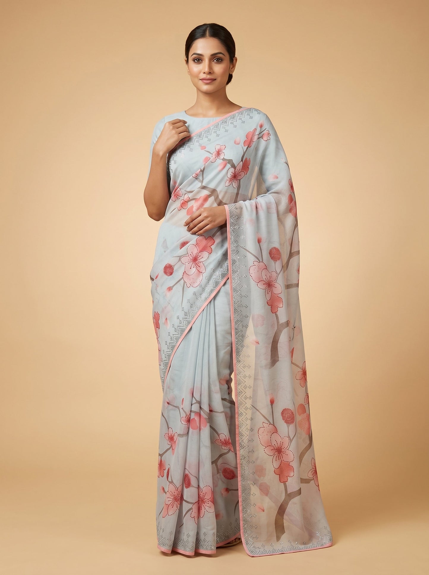 Grey Printed Cherry Blossom Saree