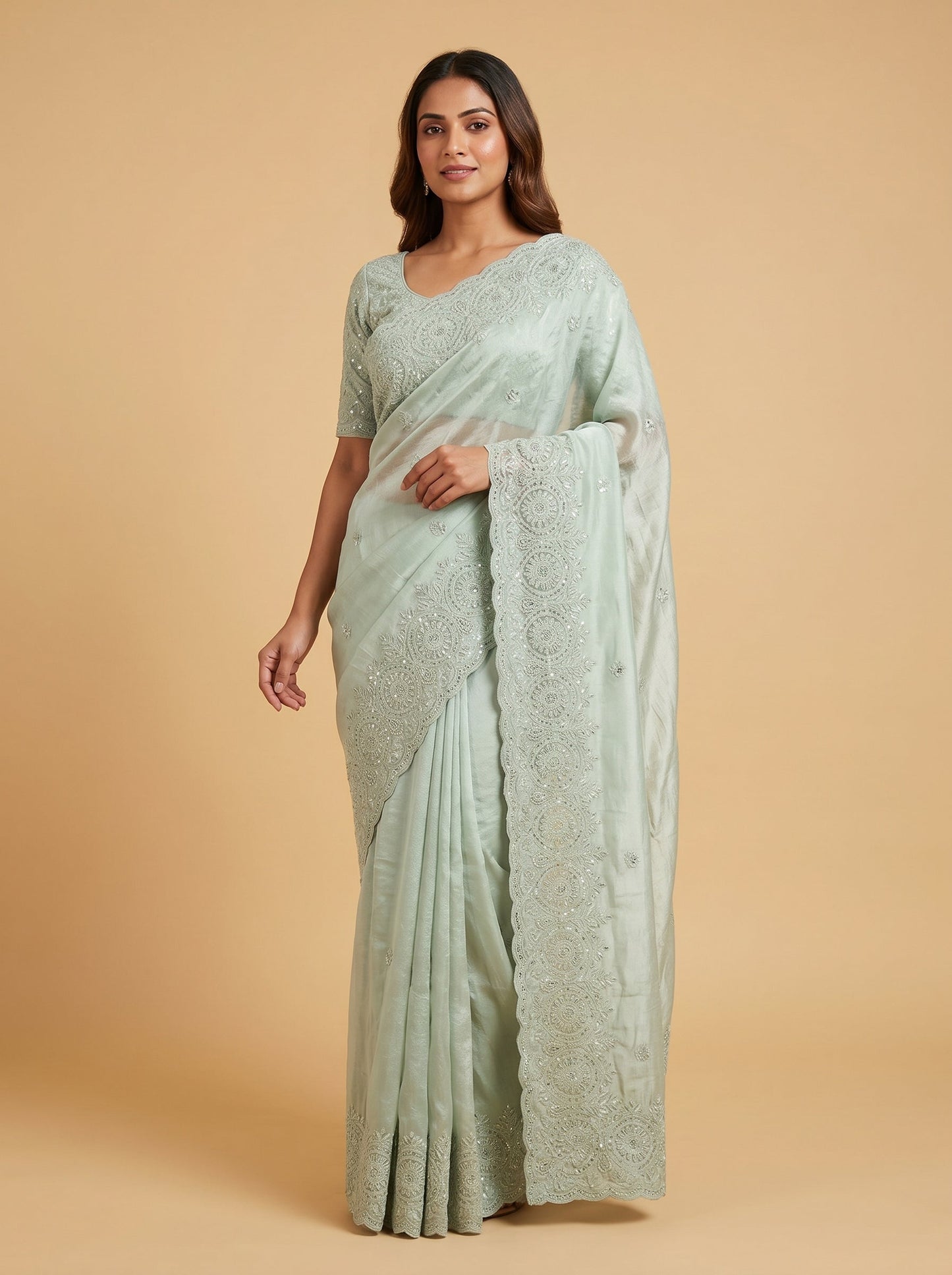 Grey Sleek-Pattern Embroidered Saree
