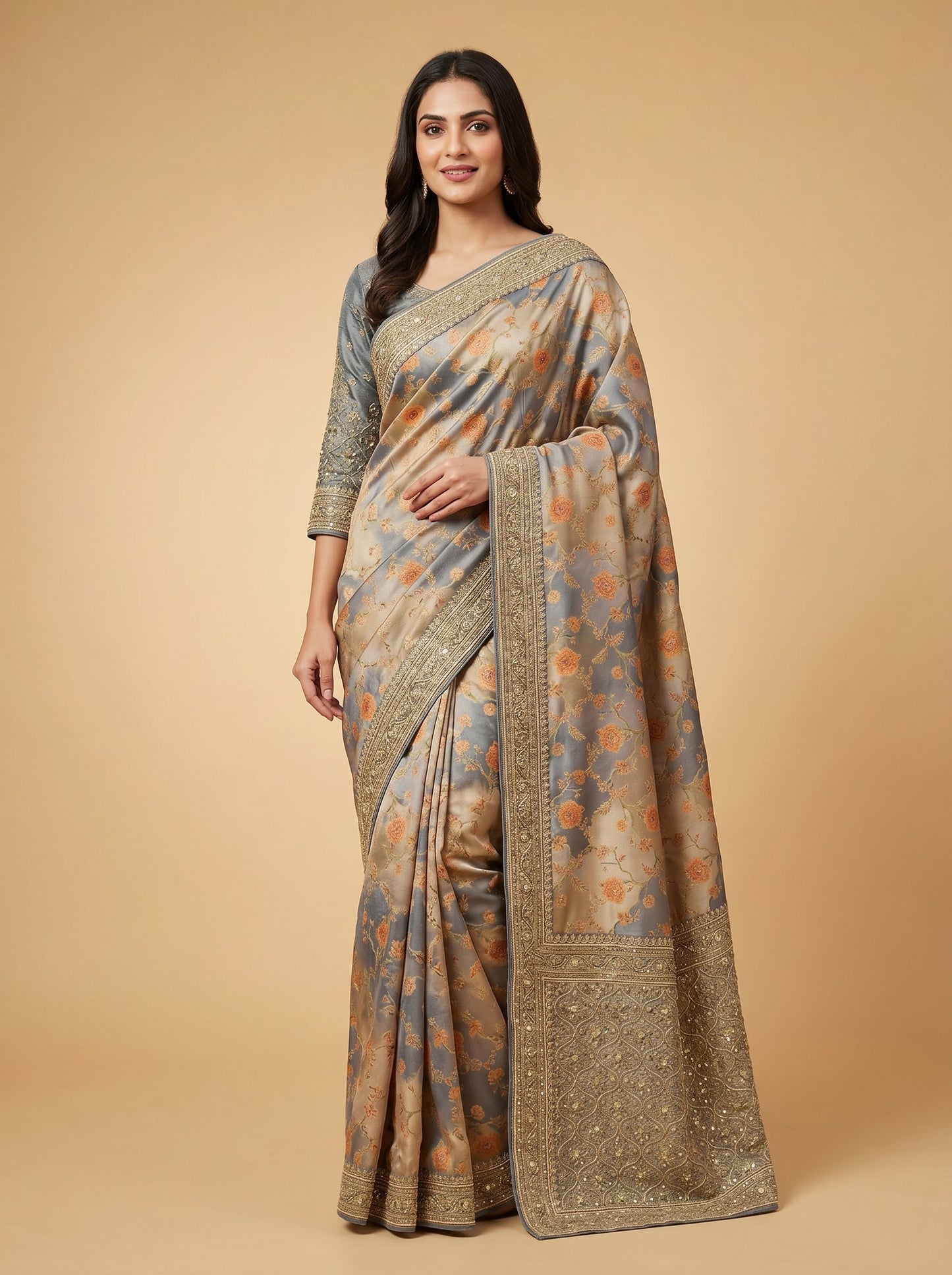 Grey Soft Edge Embroidered Saree