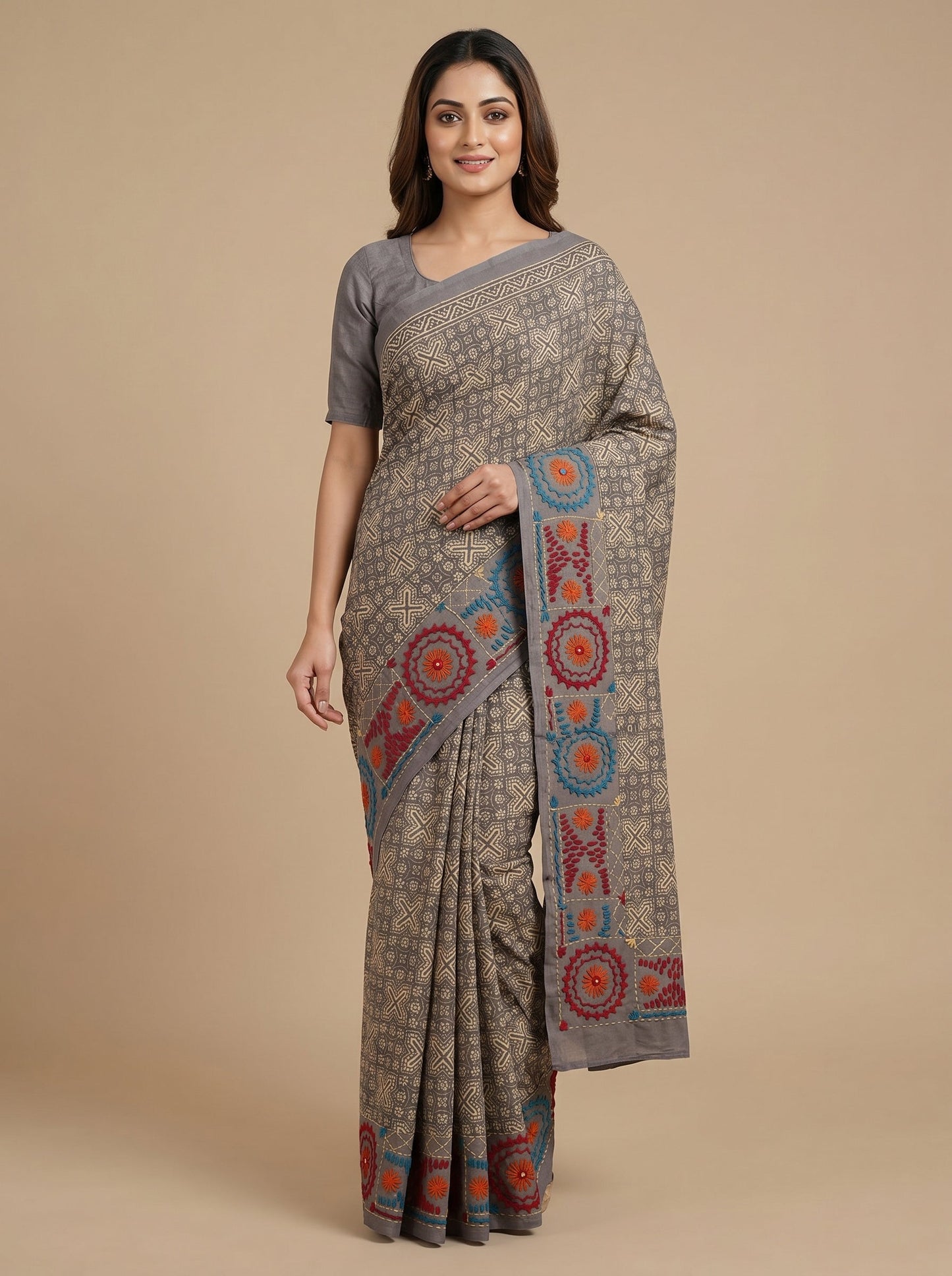 Grey Soft Embroidered Saree