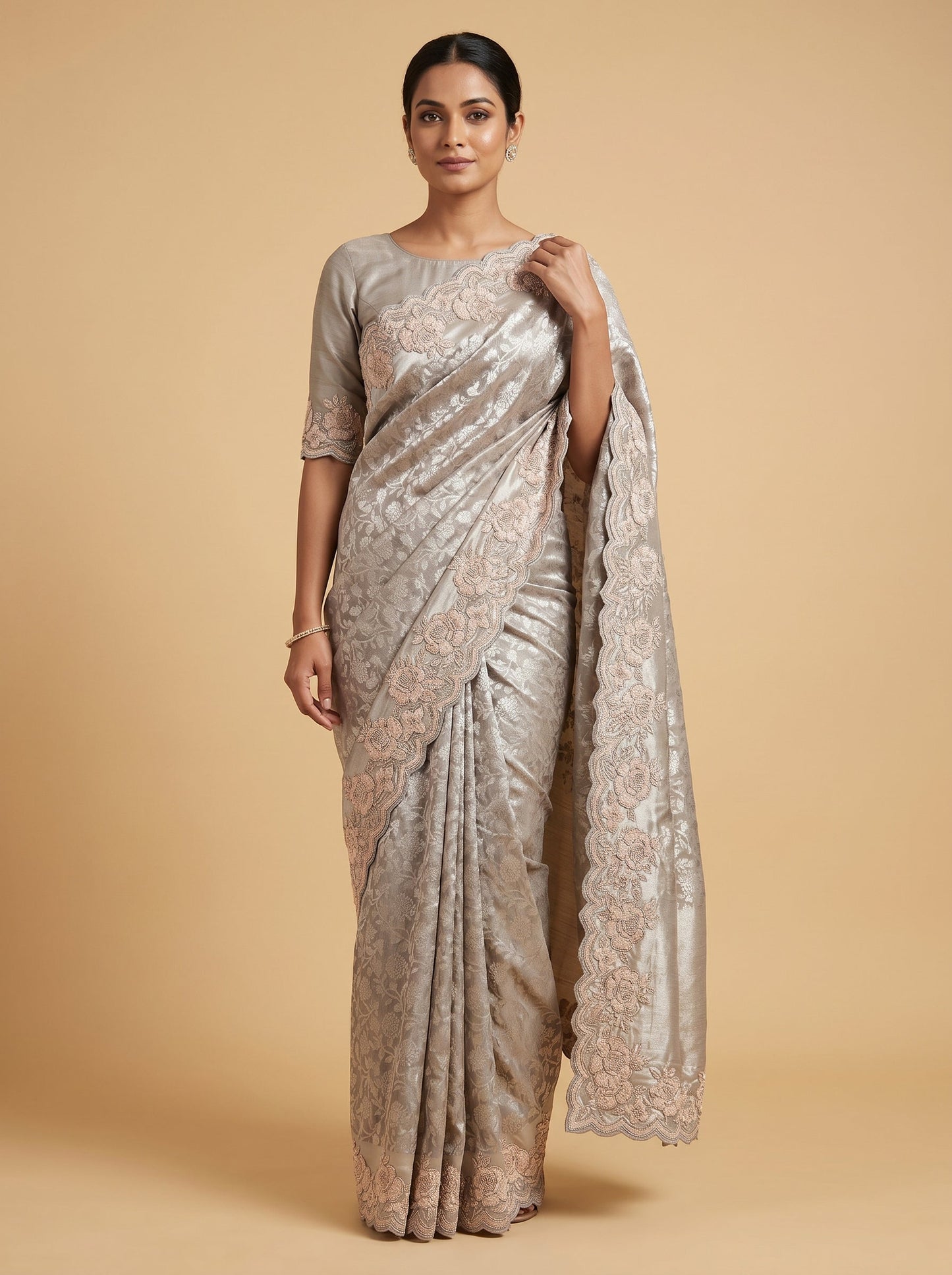 Grey Soft Finish Embroidered Saree
