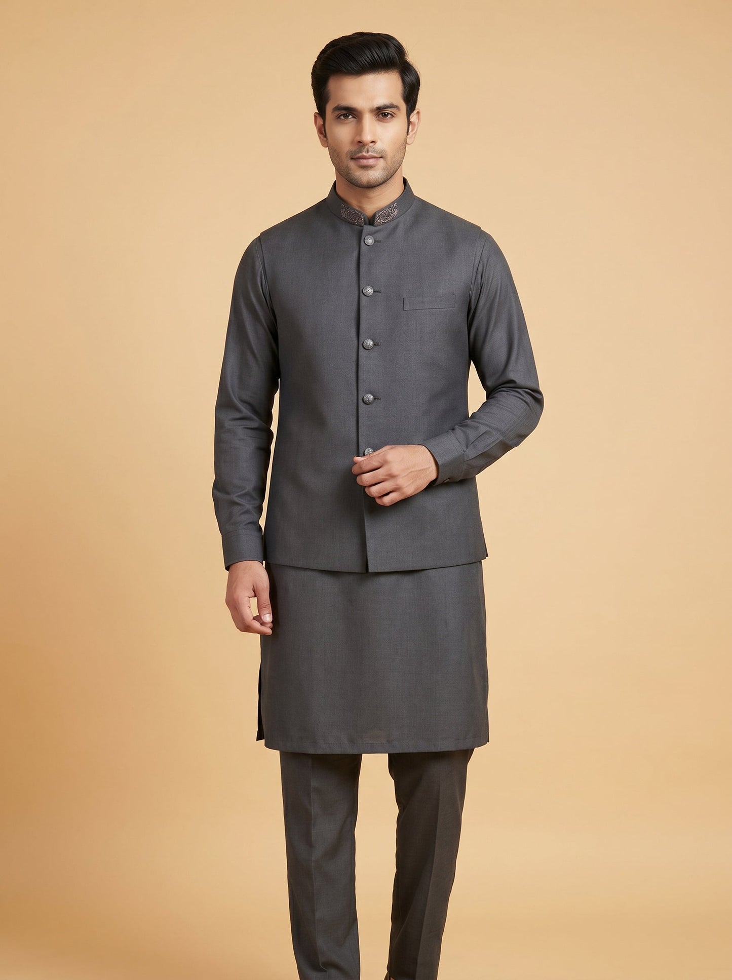 Grey Textured Jacket Kurta Set