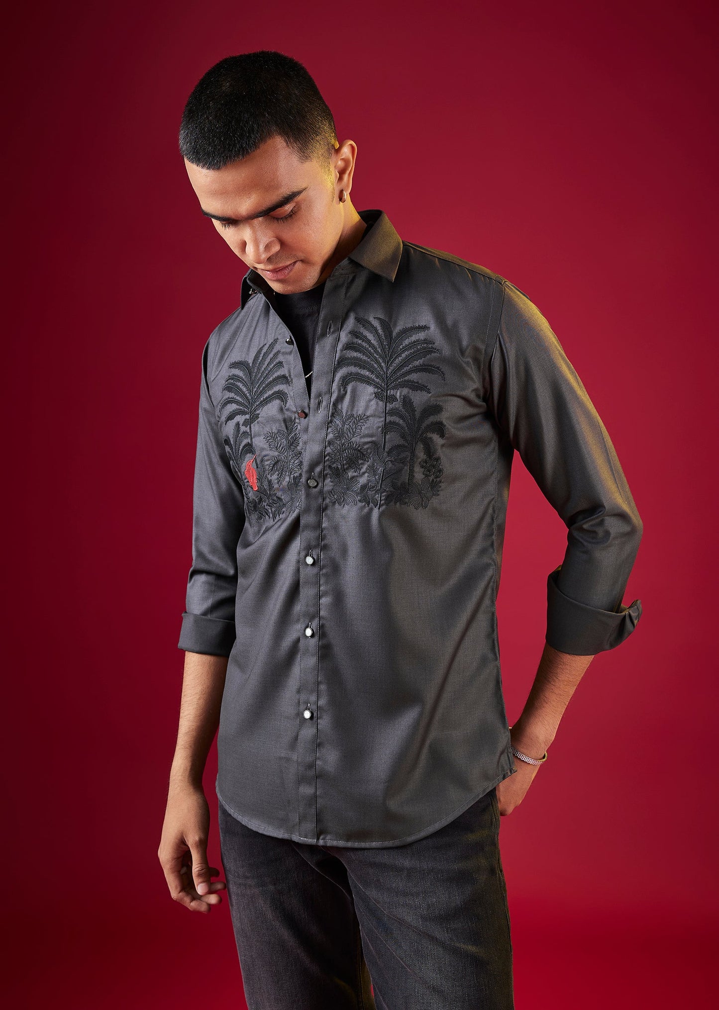 Grey Thread And Resham Embroidered Mens Shirt
