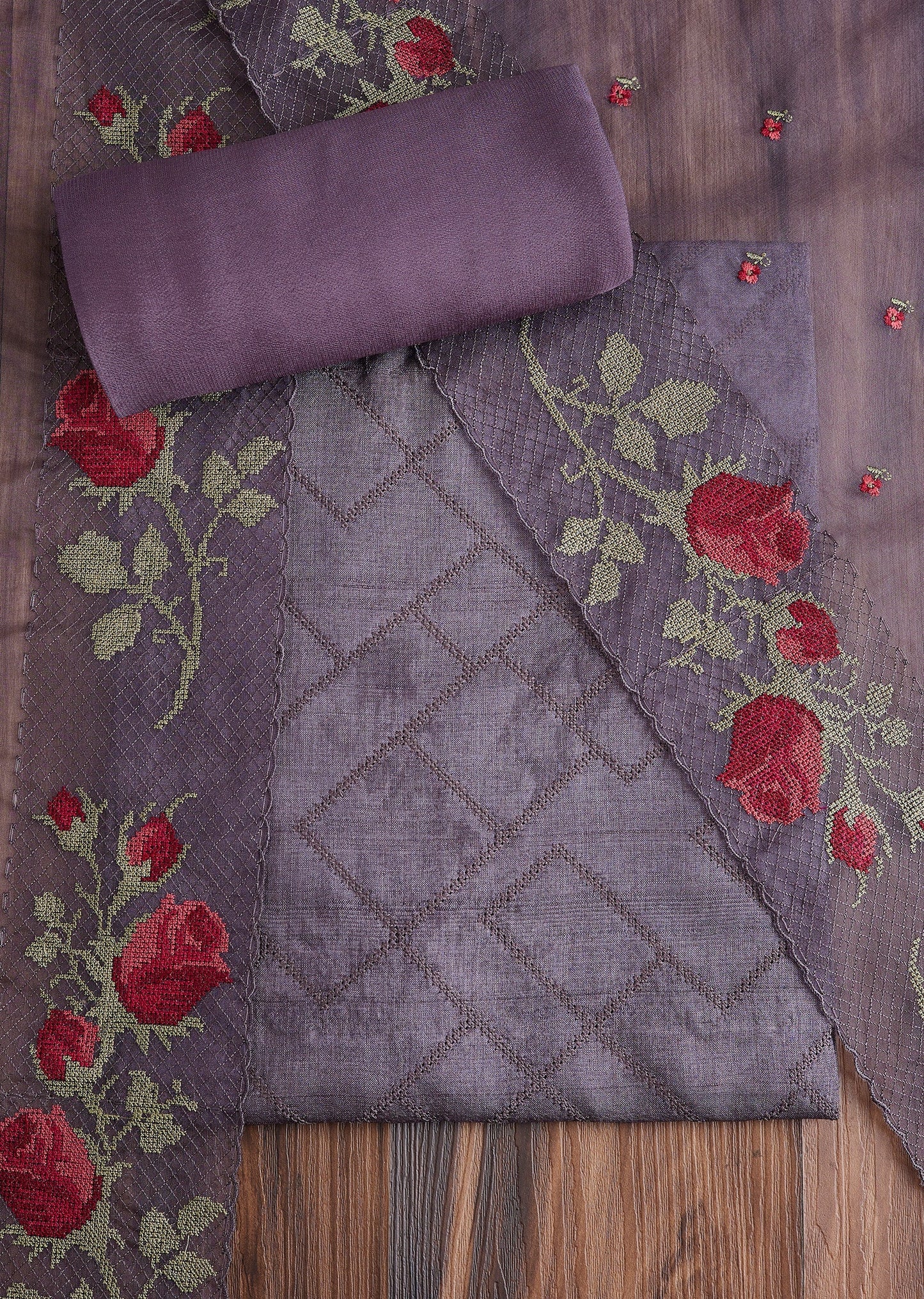Grey Tussar Embroidered Suit