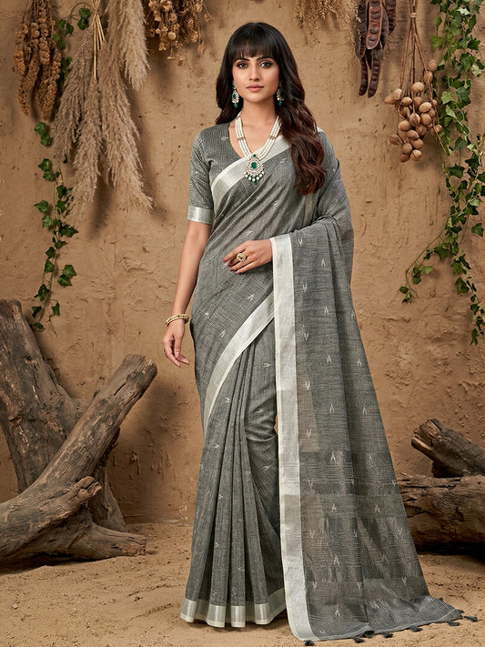 Anaita Grey Linen Cotton Zari Work Saree With Blouse
