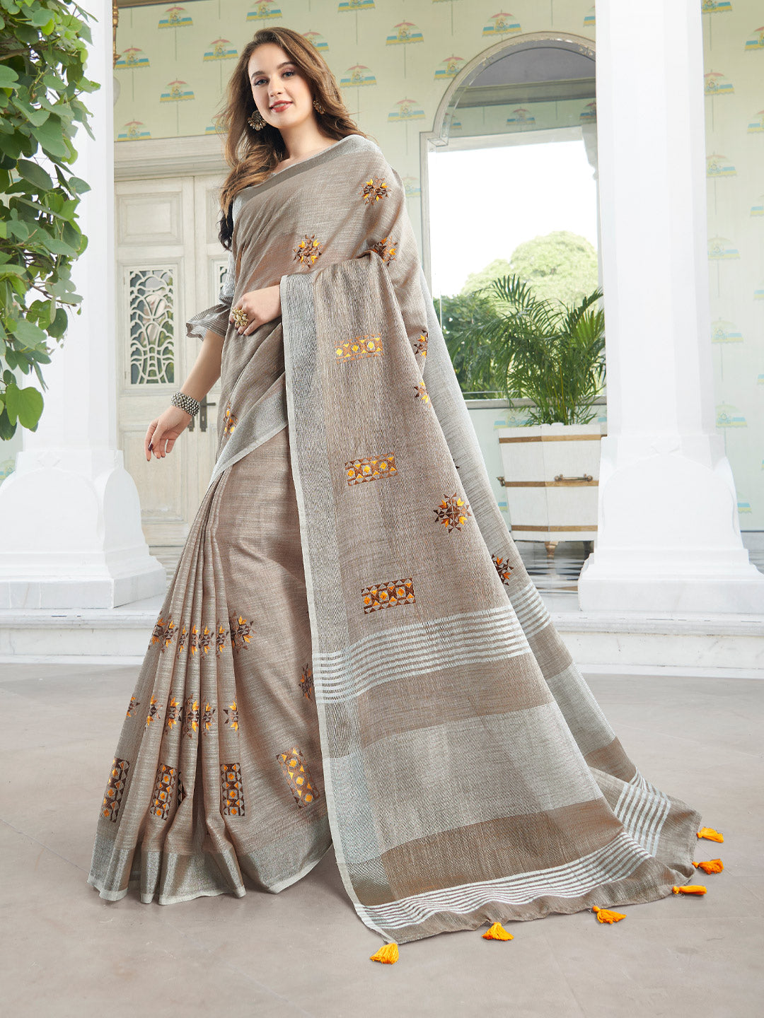 Anaita Grey Linen Embroidery Saree With Blouse
