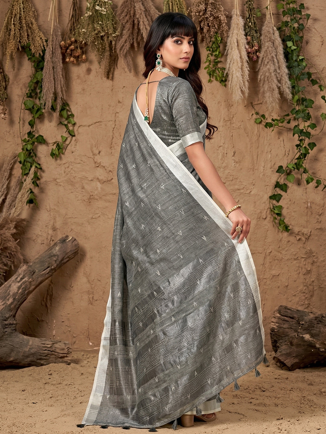 Anaita Grey Linen Cotton Zari Work Saree With Blouse