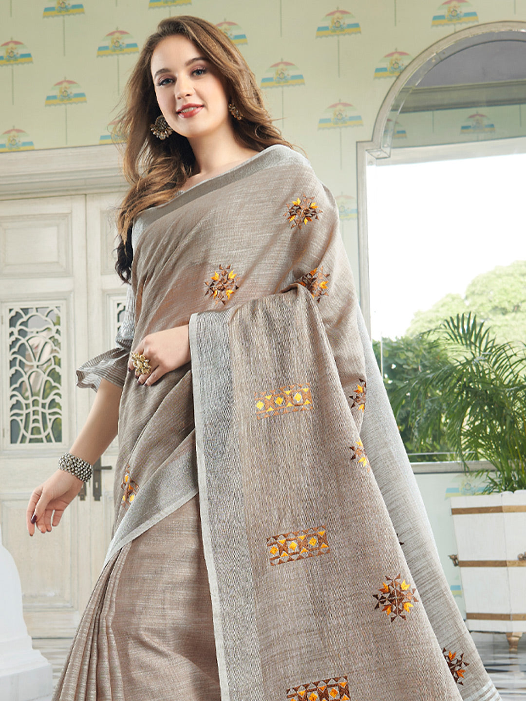 Anaita Grey Linen Embroidery Saree With Blouse