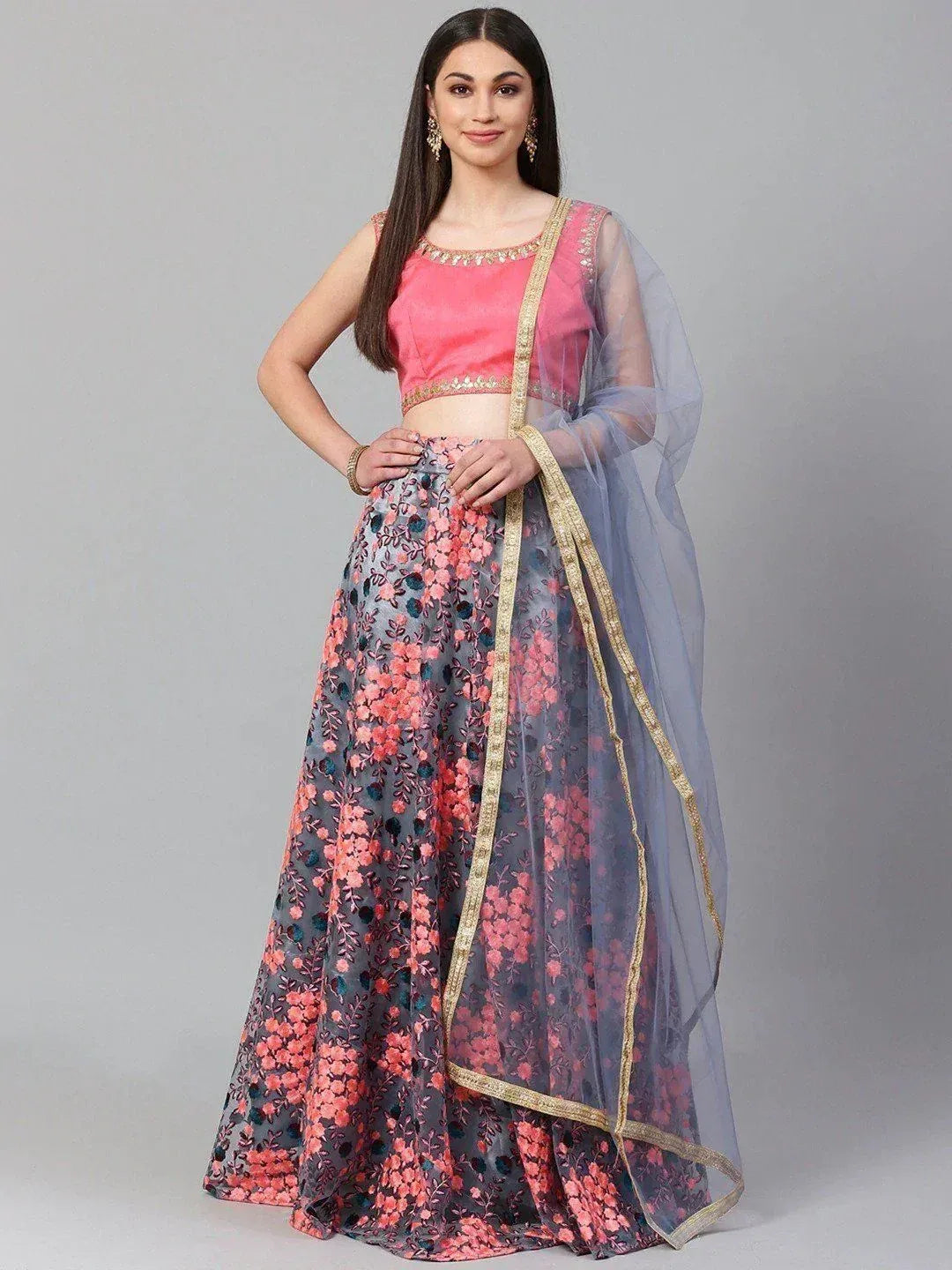 Tulsi Art Grey Semi-Stitched Myntra Lehenga & Unstitched Blouse With Dupatta