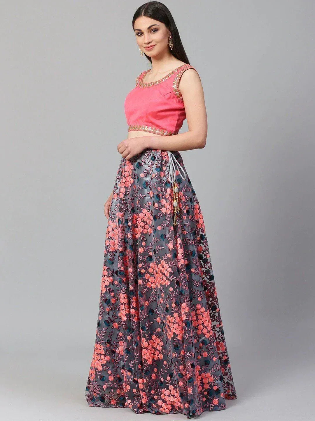 Tulsi Art Grey Semi-Stitched Myntra Lehenga & Unstitched Blouse With Dupatta