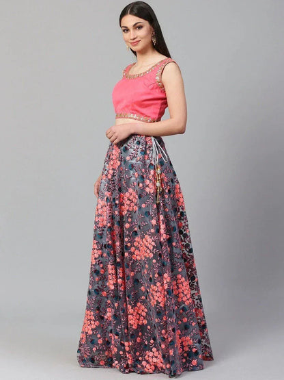 Tulsi Art Grey Semi-Stitched Myntra Lehenga & Unstitched Blouse With Dupatta
