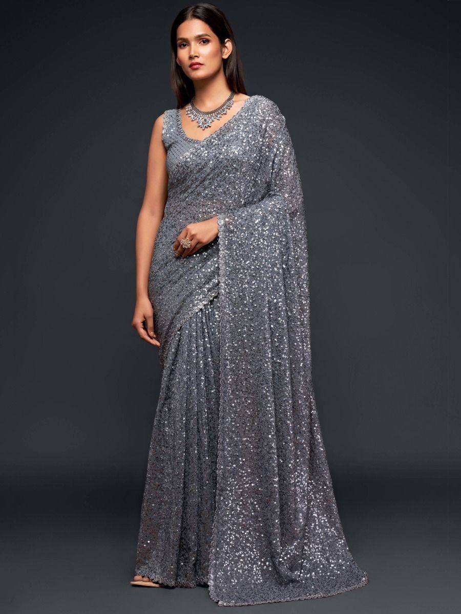 Tulsi Art Sabyasachi Grey Color Sequins Work Party Wear Designer Saree