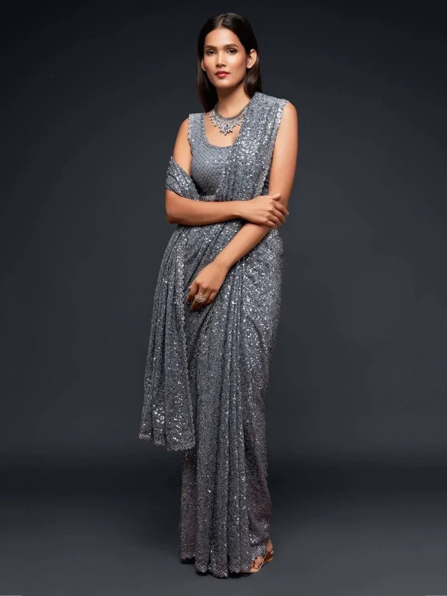 Tulsi Art Sabyasachi Grey Color Sequins Work Party Wear Designer Saree