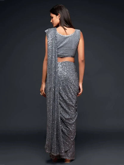 Tulsi Art Sabyasachi Grey Color Sequins Work Party Wear Designer Saree