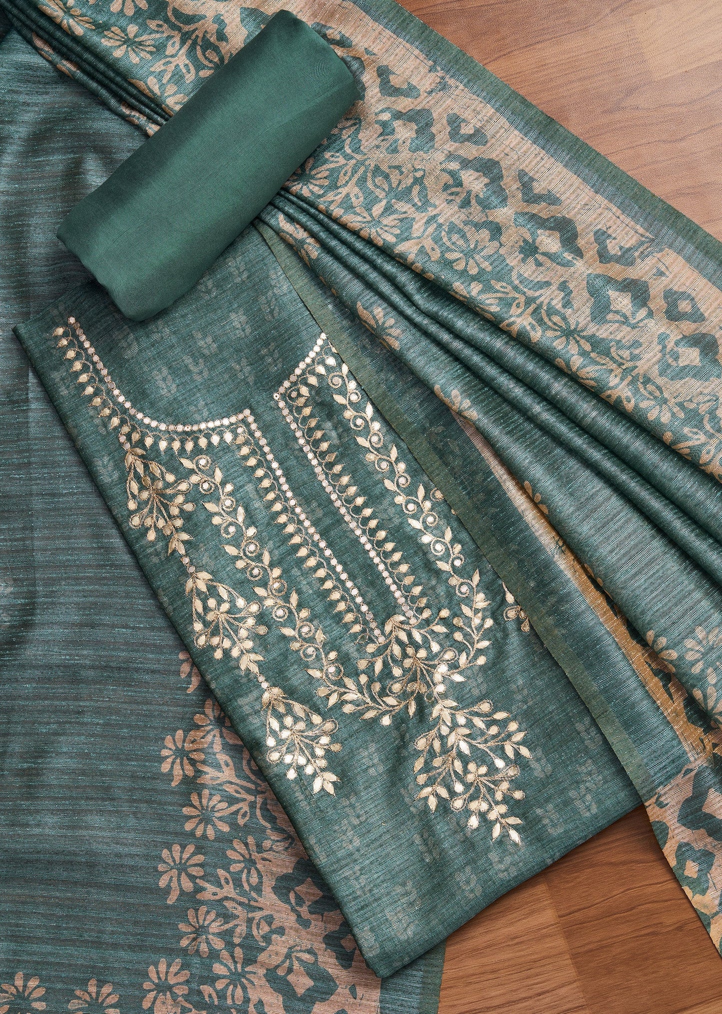 Greyish Blue Tussar Unstitched Suit With Dupatta
