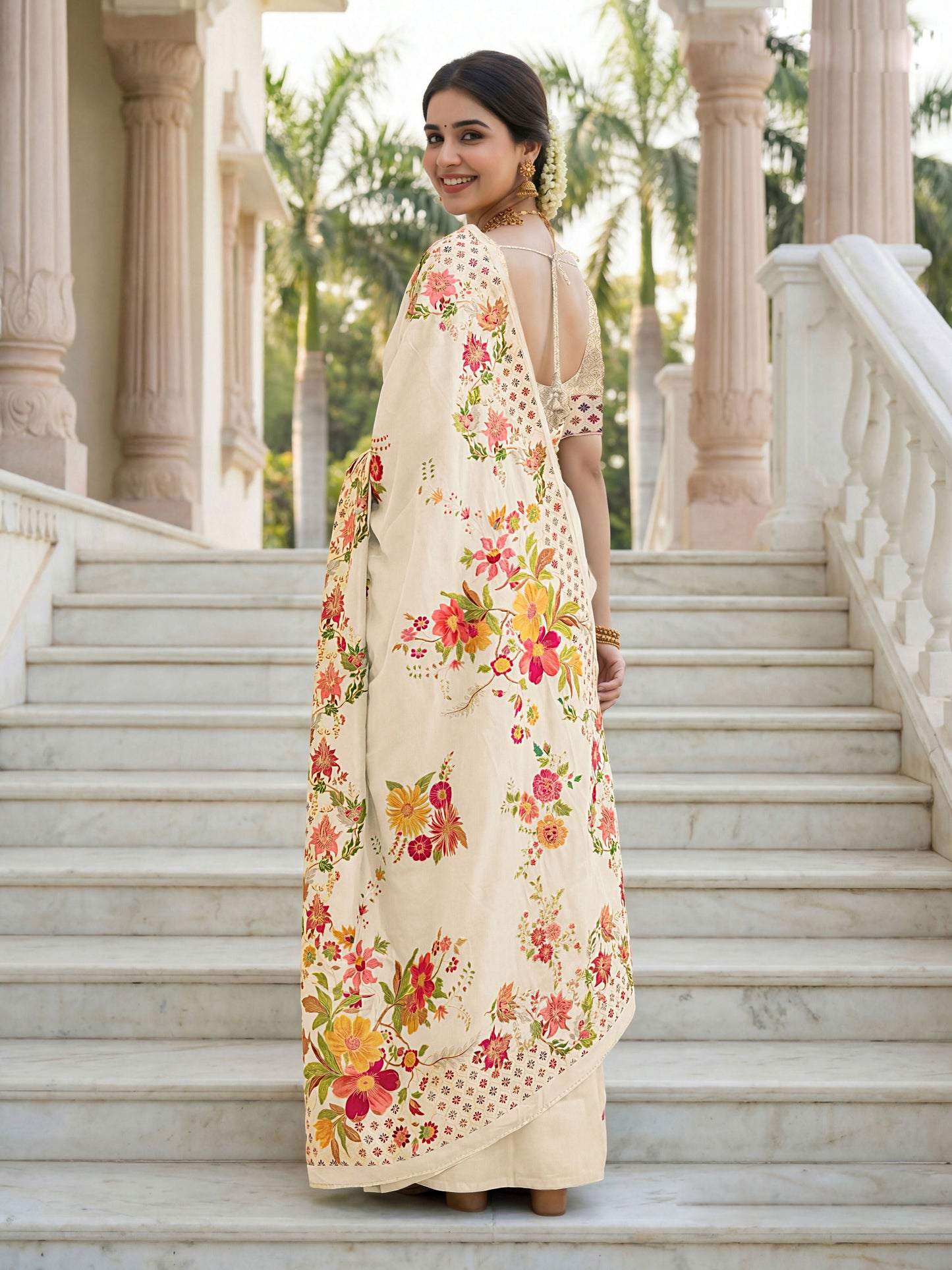 Aastha Fashion Cream Premium Russian Silk Designer Floral Position Print Saree