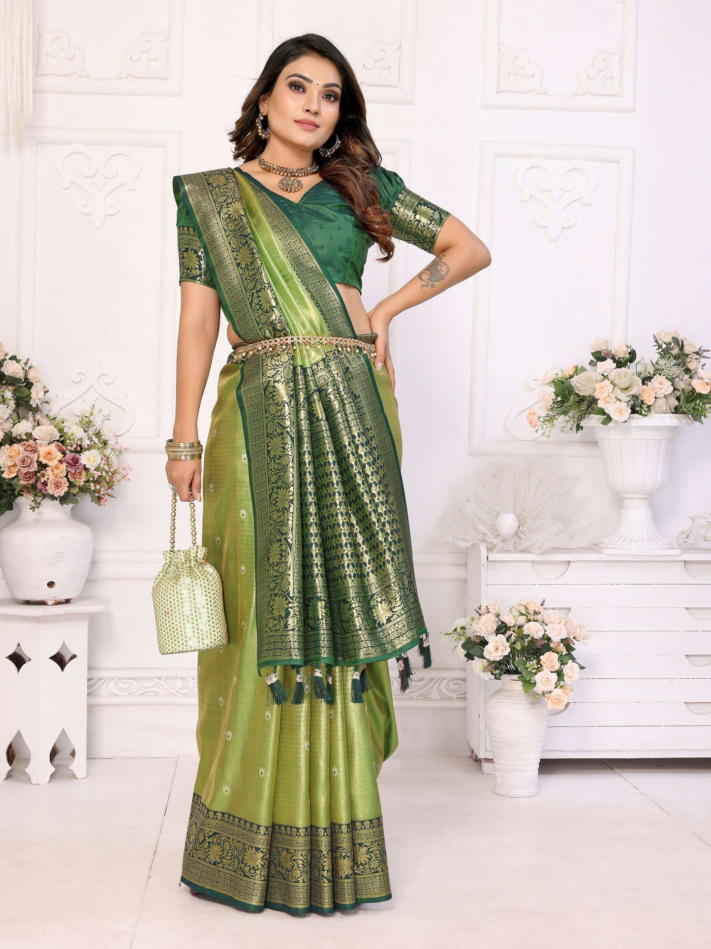 Aastha Fashion Pista Tissue Silk Weaving Saree