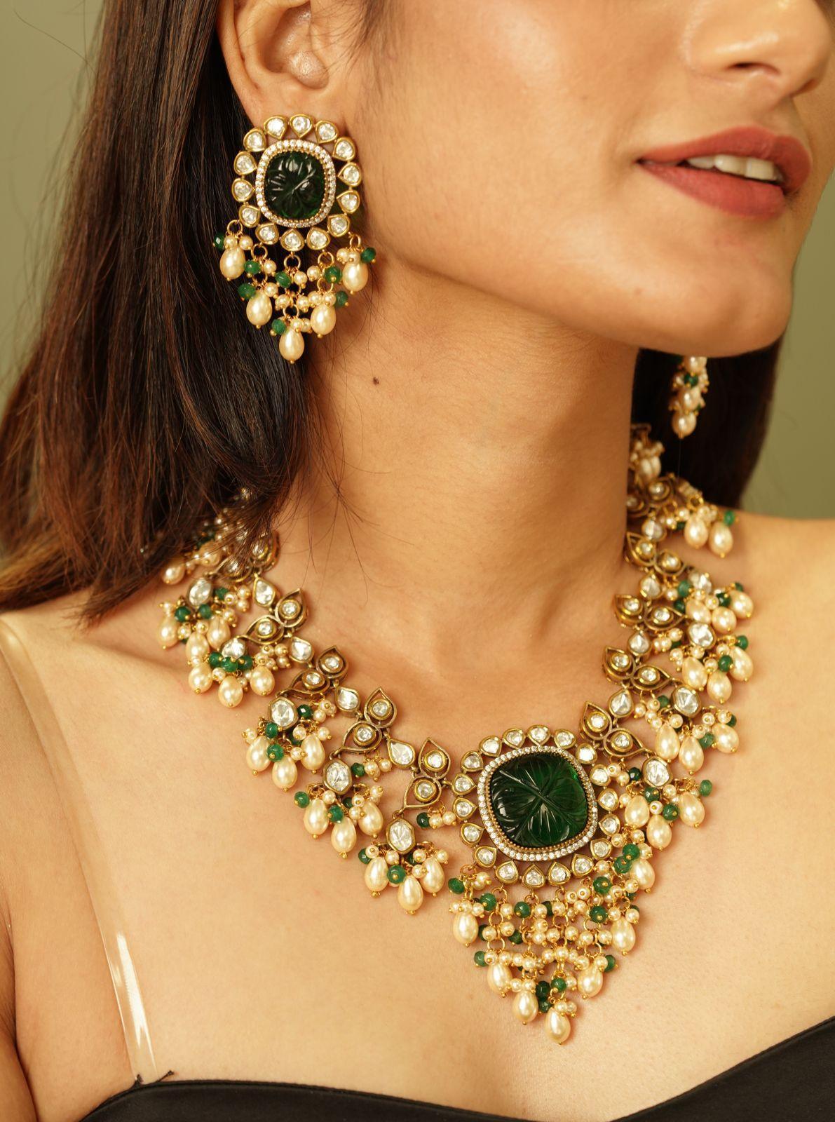 Gulbahaar Antique Gold Polish Polki Set with Pearls
