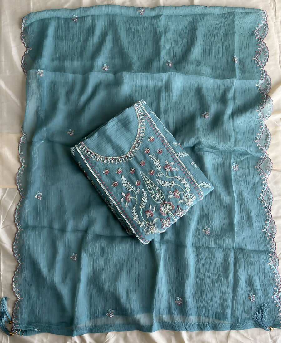 KC Beautiful Sky Blue Chiffon Silk Hand Embroidery Suit For Women