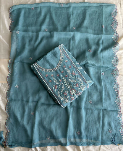 KC Beautiful Sky Blue Chiffon Silk Hand Embroidery Suit For Women