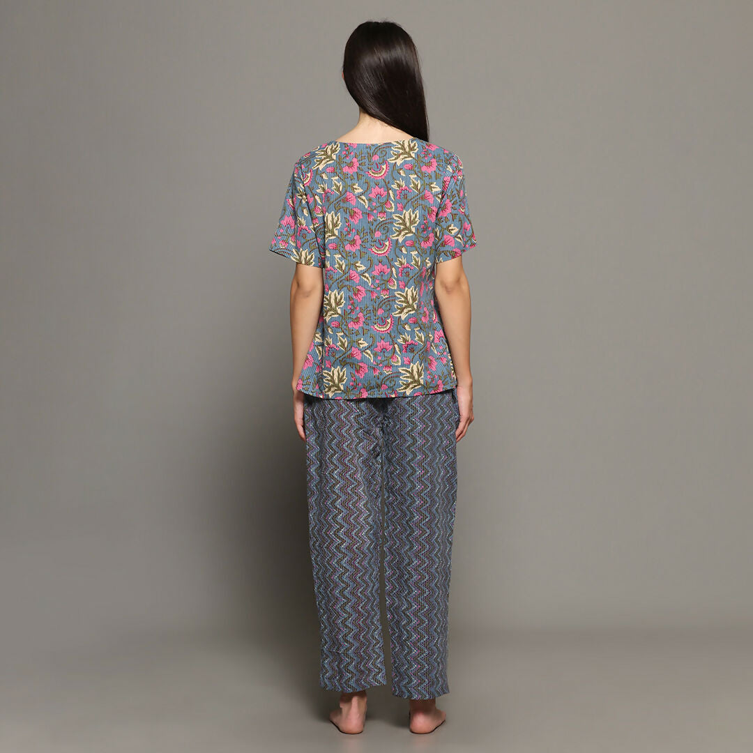 Breathables Women Cotton Printed Loungewear Kurta And Pants Co-Ord Set With Crop Top Grey I Nightwear