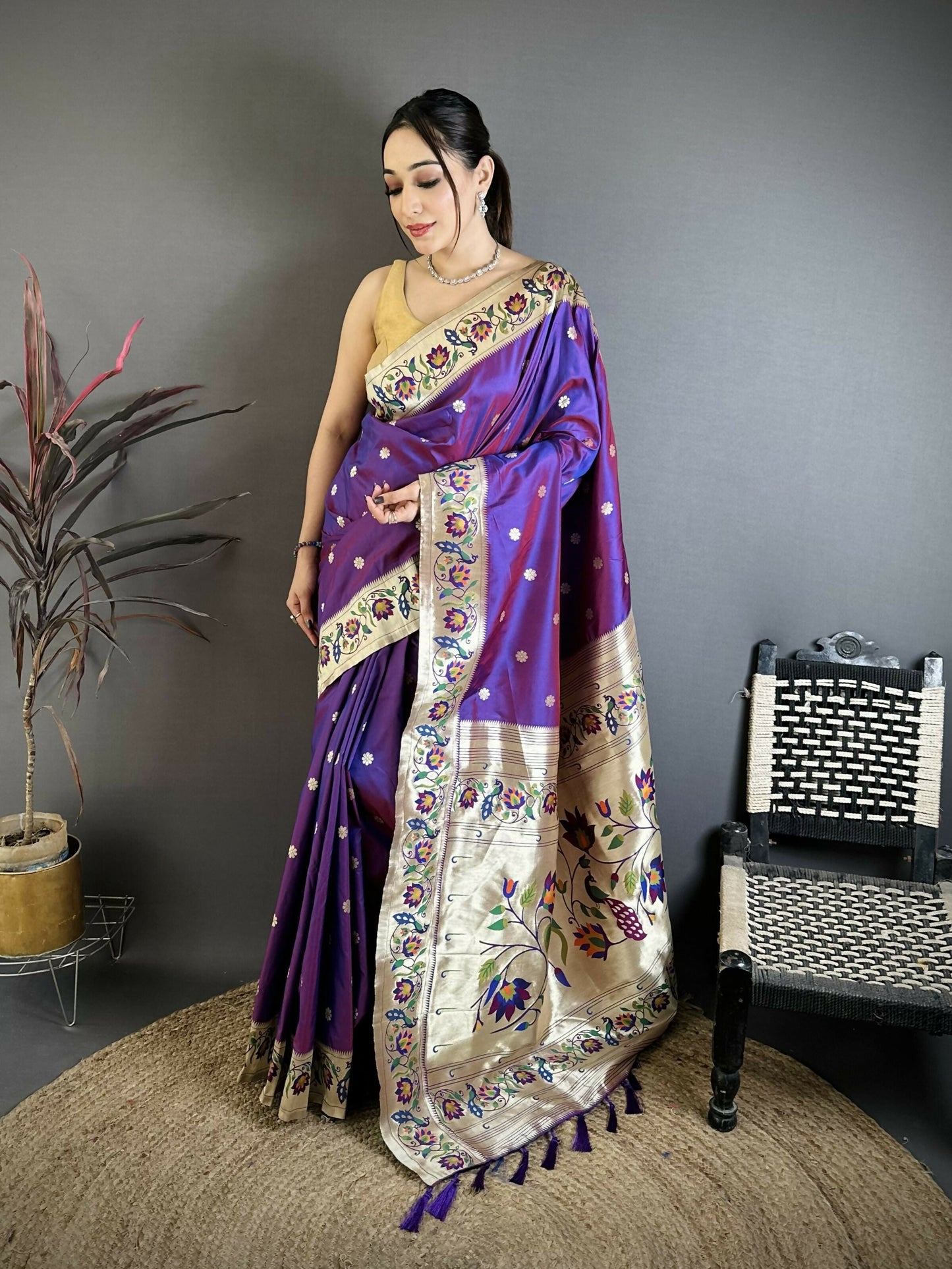 Prime Volt Premium Soft Silk Mayur Paithani Saree with Peacock Meena Weaving & Rich Pallu-Purple