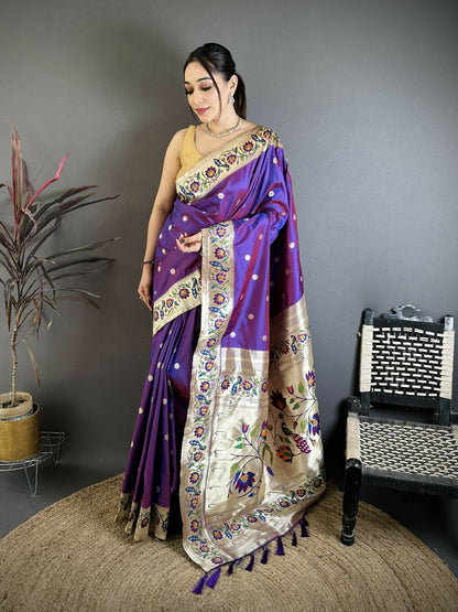 Prime Volt Premium Soft Silk Mayur Paithani Saree with Peacock Meena Weaving & Rich Pallu-Purple