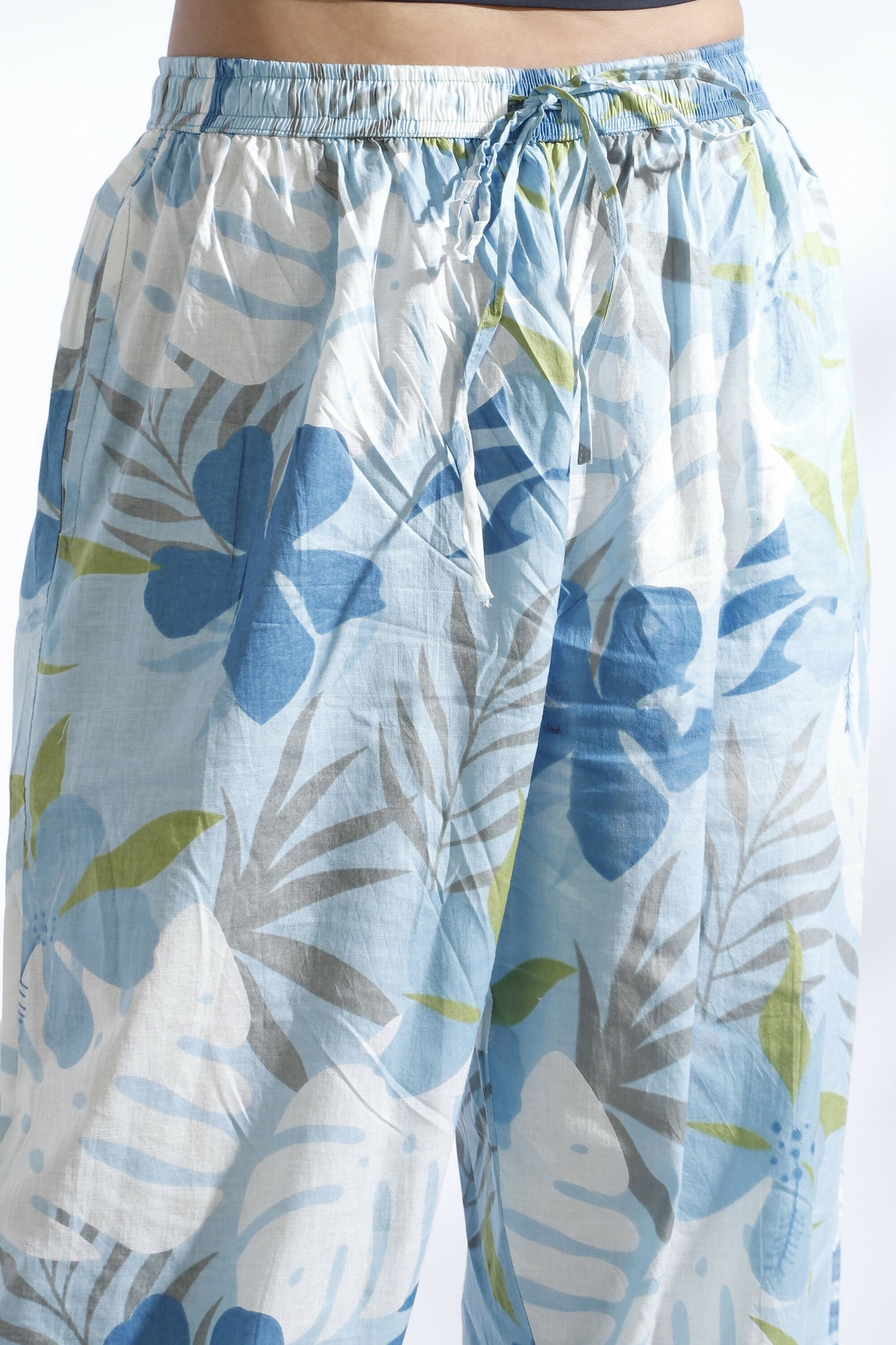 Breathables Blue Floral Print Cotton Long Kurta Co-Ord Set Cotton