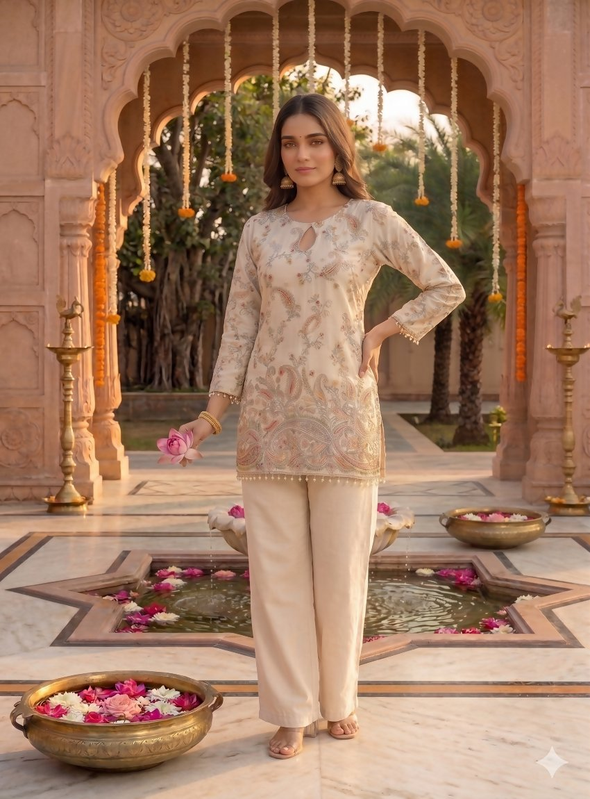 Teeya Creation Off-White Embroidered Straight Kurta With Pant Set