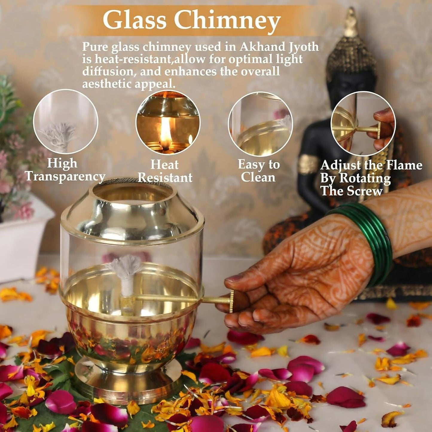 Not Available Pure Brass Akhand Jyot Diya with Borosilicate Glass Cover