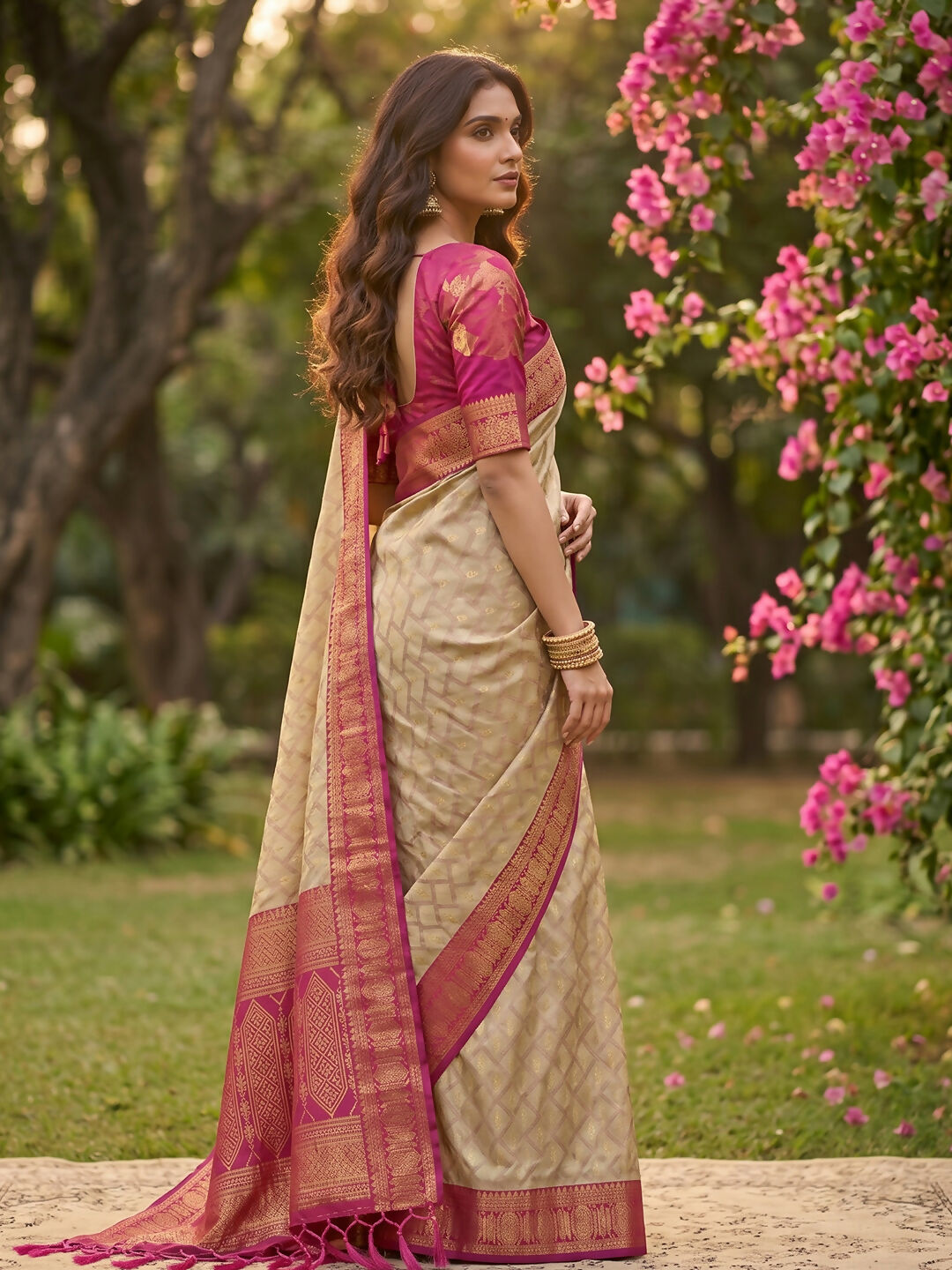 Shree Shyam Fashion Chiku With Pink Cotton Saree