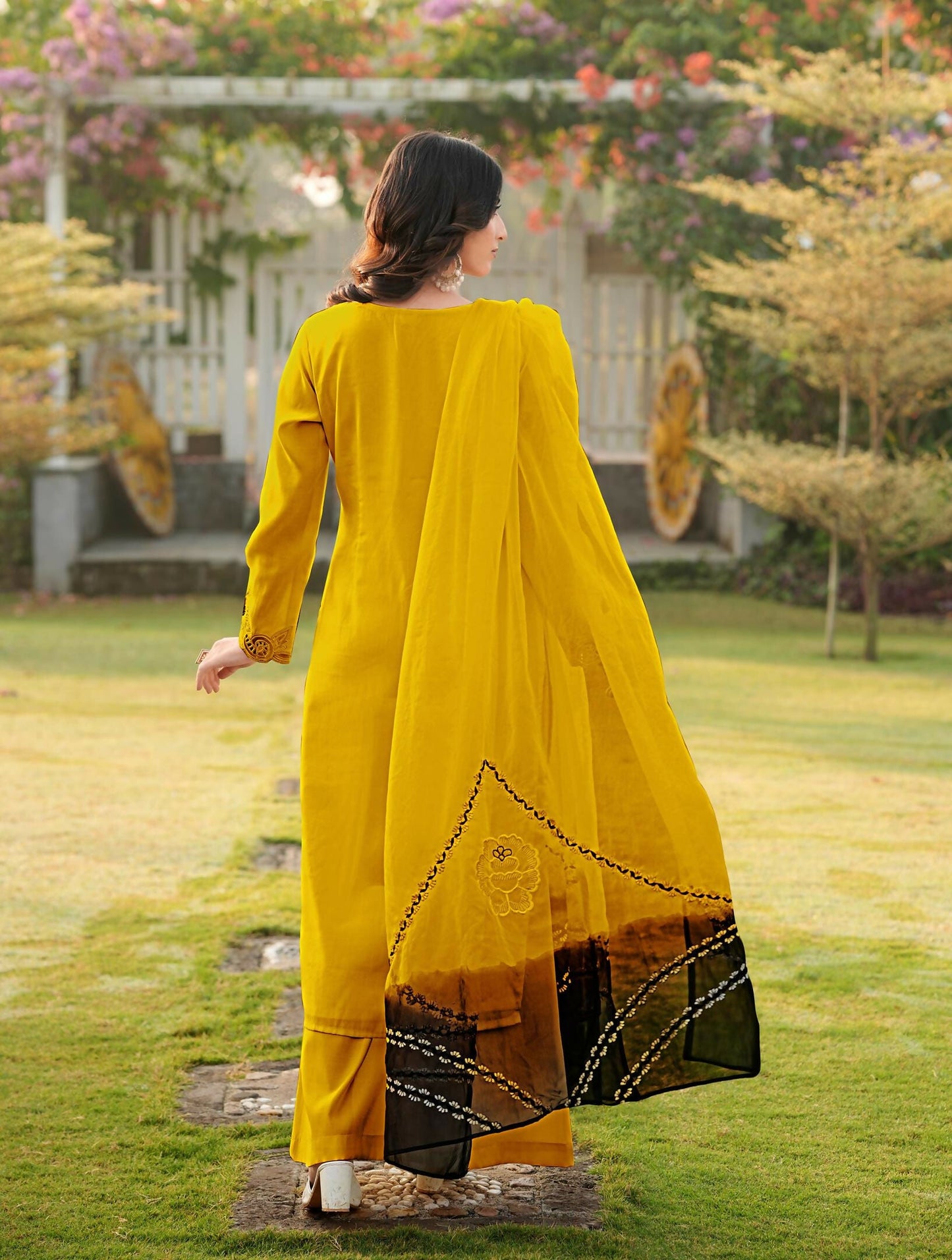 Nikhaar Yellow Embroidered Art Silk Stitched Straight Cut Kurta Palazzo Dupatta Readymade Suit