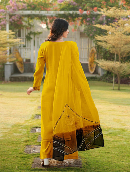 Nikhaar Yellow Embroidered Art Silk Stitched Straight Cut Kurta Palazzo Dupatta Readymade Suit