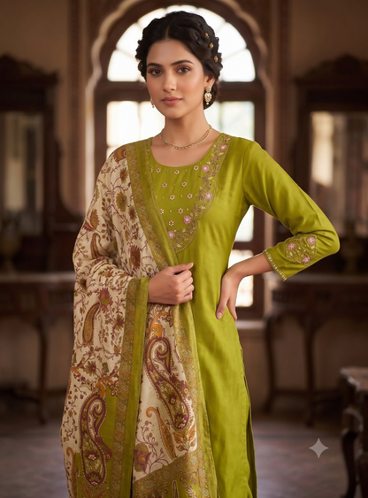Teeya Creation Women Olive Green Embroidered Kurta Pant Set With Dupatta