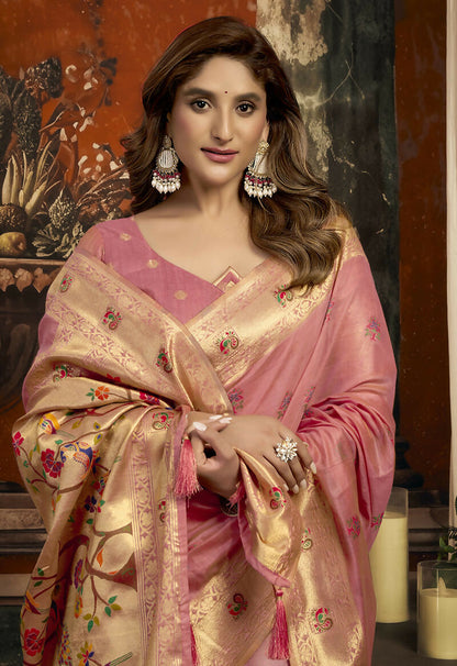 Monjolika Fashion Blush Pink Kota Silk Blend Paithani Saree with Meenakari Floral Bootis