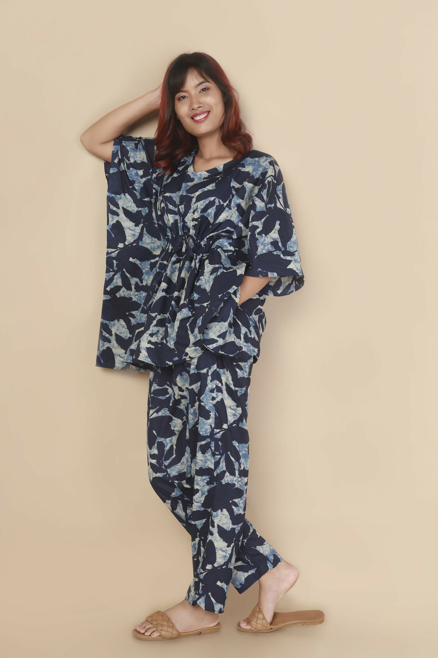 Breathables WomenS Loungewear Kaftan Cotton Blue Floral Print Co-Ord Set