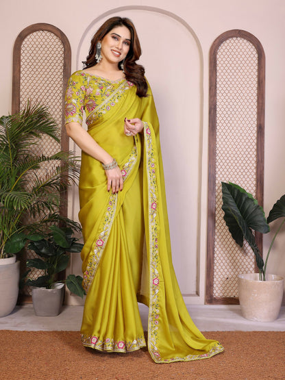 Teeya Creation New Trendy Party Wear Soft Satin Chiffon Saree-Yellow